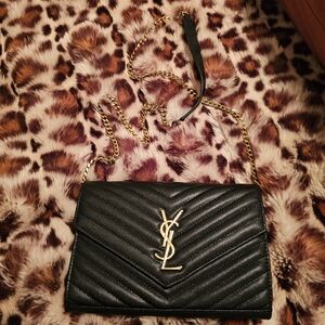 Saint Laurent Black Quilted Leather Crossbody Bag with Gold Chain